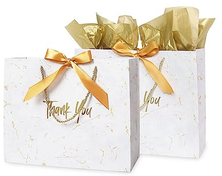 2Pcs Large White Paper Gift Bags With Gold Ribbon for Thank You Presents