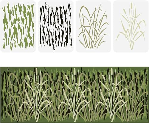 FINGERINSPIRE 4 Stück Rinde Camouflage Schablone 29,7 x 21,1 cm Camouflage Gras Rinde Schilf Muster Schablonen Kunststoff Wand Camo Schablone Kit Wiederverwendbare DIY Kunst und Handwerk Schablonen