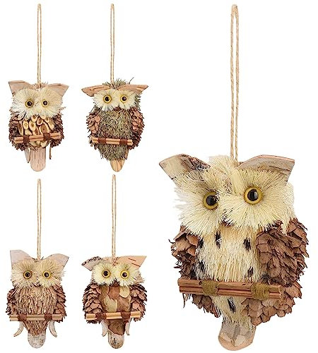 BEIJIALY 5pcs Handmade Hanging Owl Decor, Perched on Twig, Assorted Cute Straw Brown Owls for Christmas