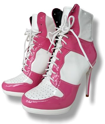 Frankie Hsu Stiletto Bottines de basket-ball à talons hauts, bottines décontractées à talons blancs, roses vernies, bottines à talons de grande taille, bottes courtes à lacets pour homme et femme