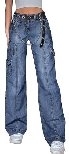 DINGJIUYAN Pantalon cargo pour femme avec ceinture, taille haute, grande taille, multi-poches, jean baggy Y2k à jambe large, Y-bleu Jean+ceinture, 3XL