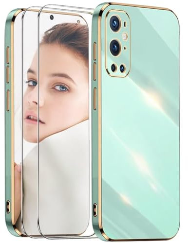 ATISIJIE Kompatibel mit ONEPLUS 9 Pro 5G Hülle,mit 2*Schutzfolie Luxuriös Galvanisierte Weich TPU Kameraschutz Kratzfest Stoßfest Schutzhülle Bumper Phone Case-Grün