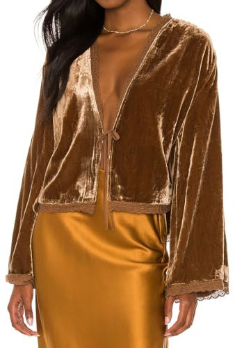 R.Vivimos Autumn Winter Velvet Jackets For Women Warm Long Sleeve Casual Cropped Jacket Collarless Lace Short Cardigan(Small,Brown)