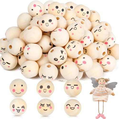 HOLDLEAF 90 Stück Holzperlen mit Gesicht, Holzkugeln mit Gesicht 20mm 18mm, 6 Stile Smiley Holzperlen Natur, Rund Holzkugeln mit Loch für Sorgenwürmchen DIY Schmuckherstellung Kunsthandwerk