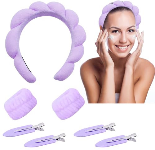 3 Set et Bracelet de Lavage du Visage,Bandeau Cheveux Femme Maquillage,Bandeau Poignet en Polaire Corail,Bandeaux et Bracelets pour Lavage le Soins de la Peau,Avec 4 Pinces à Cheveux (Violet)