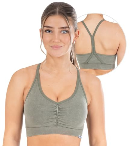 SMILODOX Sport BH Damen - Batik Acid Scrunch Sport Bra - Blickdicht rutschfest Crop Top - Schöner Rückenausschnitt - Atmungsaktive Tank Top für Yoga Fitness Gym, Größe:XS, Color:Olive
