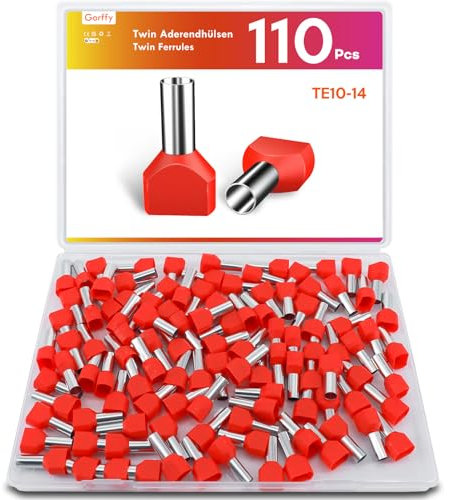 Gorffy 110 Stück Twin Aderendhülsen 10mm², Aderendhülsen 10mm² x 14mm, Rot Doppel Aderendhülsen set, Isoliert Zwillingaderendhülsen, Aderendhülsen Doppelt für Drahtverbindung
