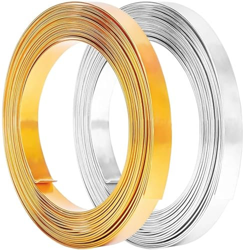 Filo Alluminio 2 rotoli da 33 piedi di filo d'oro piatto for gioielli, filo di alluminio largo 10 mm for la creazione di gioielli con castone, scultura, artigianato di armature Per creazione di gioiel