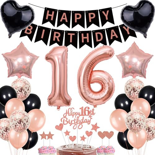 Rose Gold 16th Birthday Girl Decoration - Cake Topper, Balloon, Gift Set