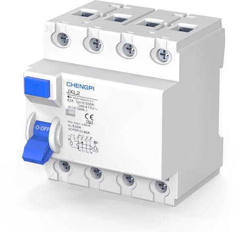 CHENGPI Interruptor Diferencial, Interruptor FI, Tipo A 63A, 30mA, 4P, Interruptor Diferencial Auto Rearmable, Interruptor Diferencial Rearme Automatico