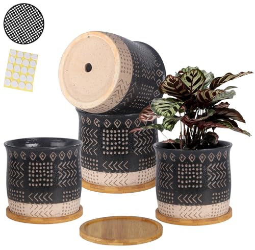 BABALIU Keramik-Pflanztopf für Zimmerpflanzen mit Drainagelöchern, Retro-Totem-Muster, Blumentöpfe mit Bambus-Untersetzer, Sukkulenten, Kaktus und Kräutern, Schwarz, 4 Stück
