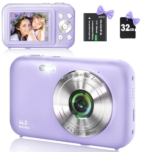 Appareil photo numérique avec carte SD 32 Go, HD 1080P 44 MP, appareil photo, appareil photo numérique LCD rechargeable avec zoom numérique 16X pour enfants, adultes (violet)