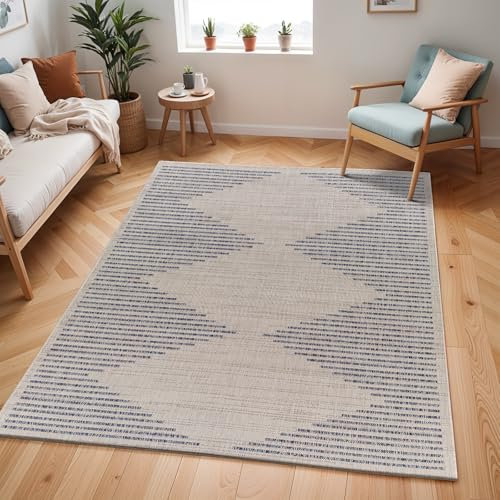 Livabliss Kercem Indoor Outdoor Rug - Large Boho Rugs for Living Room 120x170 cm Dining, Kitchen Carpet, Patterned Neutral and Coloured Rugs, Waterproof, Stain Durable - Cream, Dark Blue