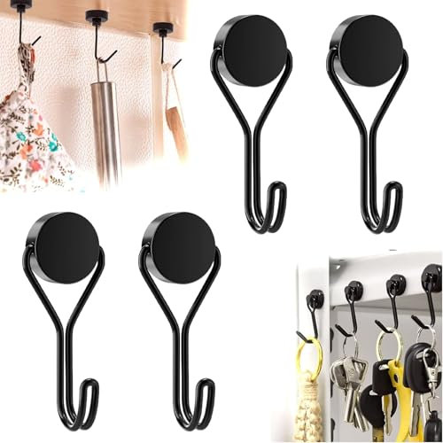 KARELLS Ganci Magnetici Extra Resistenti, Gancio Magnetico, 4 pezzi Ganci Magnetici Potente, Magnete Con Ganci, Ganci Magnetici Neodimio, Calamite Potenti, per Cucina, Camera da Letto, Ufficio, Nero