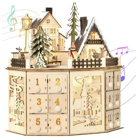 Adventskalender aus Holz, Weihnachtsvorderkalender mit Musik, LED-Beleuchtung, Musik, Adventskalender mit 24 Schubladen, beleuchteter Weihnachtskalender (A)