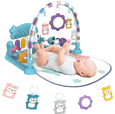 Lexixi ibao Baby Play Gym Mat - Tummy Time, Kick Piano for Infant Activity Mat with 5 Sensory Toys, Music and Lights - Blue