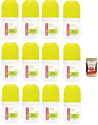 Borotalco, Deodorant Roll-On Aktiv Gelb, Talkum mit geruchshemmenden Molekülen, frische Wirksamkeit, 48h Wirksamkeit, ohne Alkohol, Duft von Zeder und Limette, 12x 50ml + Italian Gourmet polpa 400g