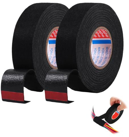 KEQAR 2 piezas Cinta Tela Adhesiva, Cinta Aislante Tela, Cinta Aislante Térmica, Cinta de Tela Adhesiva, Cinta Aislante para Cables Coche Moto (19 mm x 20 m) (Negra)