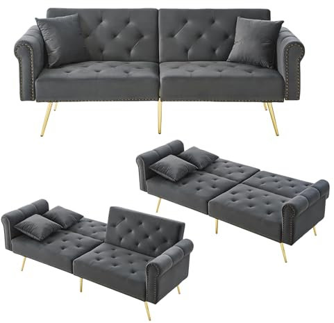 Lontl Schlafsofa 2 Sitzer mit Schlaffunktion – Verstellbares Sofa aus Samt, Schlafcouch klappbar & platzsparend, kleines Sofa für Wohnzimmer & Gästezimmer (Antique Gray)