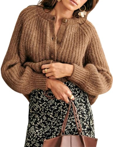 Wyeysyt Gilet en tricot épais à manches longues pour femme avec boutons - Tricot doux - Cardigan décontracté à l'avant ouvert - Manteau en tricot pour l'automne, marron, Taille XL
