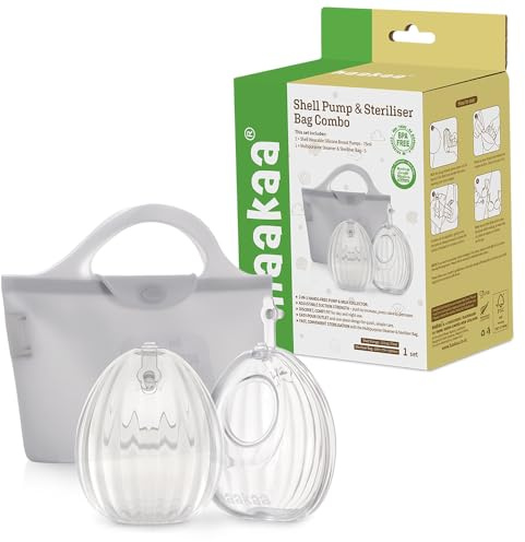 haakaa Shell Silicone Wearable Hands-Free Manual Breast Pump/Milk Collector & Steriliser Bag Combo – Medical-Grade Silicone, Compact, Portable & Discreet, Leak-Proof Valve