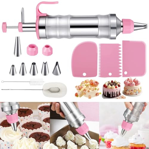 TeamSky Premium Cake Decorating Syringe Kit - 14 Piece Set with 6 Stainless Steel Piping Nozzles & Cleaning Brushes. Reusable Cream Dispenser Tool for Icing, Cupcakes & Biscuits (Pink)