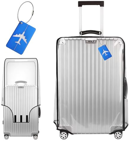 24 Zoll Transparente Koffer Abdeckungen + Flugzeug-Gepäckanhänger, PVC Koffer Schutzhülle, Staubdicht, Wasserdicht und Kratzfest Kofferschutzhüllen, Kompatibel mit Gepäckstücken der Größe 60×45×27 cm