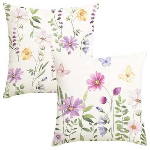 Avalune Kissenbezug 40x40 Frühling Leinenoptik Blumen Rosa Grüne Kissen Sofakissen Bezug Sommer Outdoor Kissenhülle Polsterbezug Dekorative Schmetterling Zierkissenbezüge für Garten Balkon，2er Set