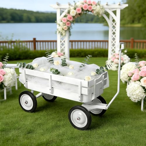 Pull Along Wagon,White Flower Girl Wagon All-Terrain Wedding Wagon with Removable Wooden Side Panels, Big Tires and Wide Grip Handle for Weddings