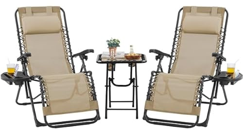 Yaheetech 2 Tumbonas o Sillas de Exterior Plegables y reclinables, con Mesa Auxiliar, Portavasos, Reposacabezas, Tumbonas de Gravedad Cero con Respaldo Ajustable, para Patio, Piscina, Beige