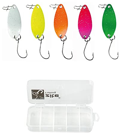 Zite Fishing Trout-Spoon-Set Neon Forellen-Angeln - 5 Forellen-Blinker | Ultra-Light in Köder-Box - 4 x UV-Aktiv - 3,5cm 3g