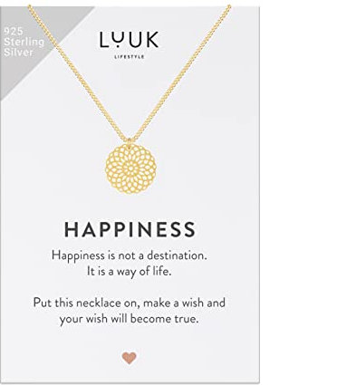 LUUK LIFESTYLE Halskette mit Mandala Anhänger und HAPPINESS Geschenkkarte, 925er Sterlingsilber, alltagstauglicher Modeschmuck, Strand, wasserfest, Hindu und buddhistisches Motiv, Gold