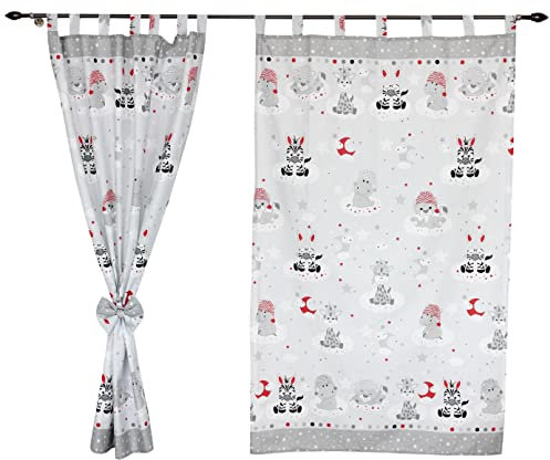TupTam Kinderzimmer Vorhänge Baby Gardinen mit Schleifen 2er Set, Farbe: Baby Tiere Grau/Rot, Größe: ca. 155x95 cm