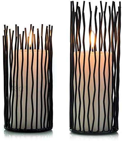 NUPTIO Set of 2 Metal Pillar Candle Holder, Led Flameless Electronic Black Table Candle Holders, Metal Candlestick Centerpieces Table Home Wedding Christmas Mantlepiece Decorations (20cm/25cm H)