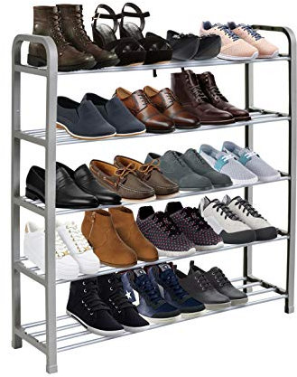 KEPLIN 5 Tier Shoe Slots Rack - Space Saving Shoe Storage Organiser with Quick, Tool-Free Assembly - Shoe Slots Holds 15-20 Pairs - Dimensions (L) 75.5cm x (W) 18.5cm x (H) 75.5cm - Silver
