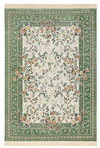 Nouristan Naveh Orient Teppich – Wohnzimmerteppich Orientalisch Kurzflor mit Fransen Vintage Orientalischer Samt-Teppich für Esszimmer, Wohnzimmer, Schlafzimmer – Creme Grün, 135x195cm