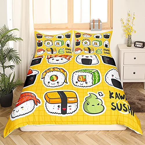 Loussiesd Kinder Nettes Sushi Muster Bettwäsche Set 135x200cm Bettbezug Set im japanischen Stil für Mädchen Cartoon Japanisches Sushi Betten Set Atmungsaktives gelbes Gitter Plaid Dekor