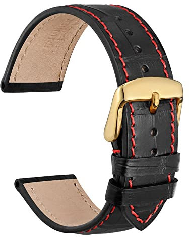 WOCCI 20mm Uhrenarmband Leder für Damen und Herren, Geprägtes Alligator, Goldene Schnalle (Schwarz mit Roten Nähten)