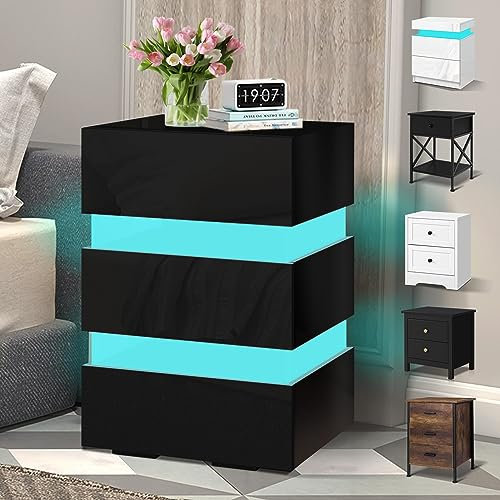ELFORDSON LED Bedside Table with 3 Drawers, 4-side High Gloss, 16 RGB LED Colours, Tall Bedside Cabinet Nightstand with Plug, Remote Control, Sofa Side Table for Bedroom Living Room, Black