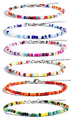 KINBOM 6pcs Handmade Beaded Anklets for Women, Adjustable Glass Beaded Ankle Bracelets Colored Bohemian Anklet Bracelets String for Beach Party Daily Wearing (Set 1)