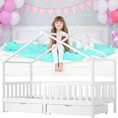 JINTAOMA Hausbett Kinderbett mit Schublade Rausfallschutz weiß (200x90 cm)