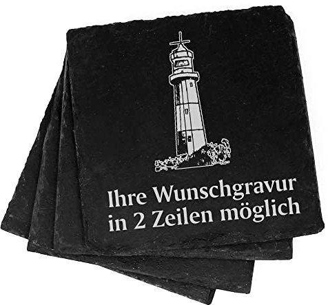 4X Insel Borkum Leuchtturm Deko Schiefer Untersetzer Wunschgravur Set - 11 x 11 cm Flaschenuntersetzer Glasuntersetzer Tassenuntersetzer