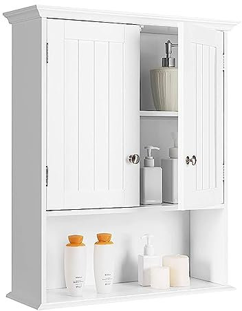 GOPLUS Hängeschrank Bad, Badschrank Holz mit verstellbarem Regal, Wandschrank hängend, Badezimmerschrank Küchenschrank, 60×19×71cm (Weiß)