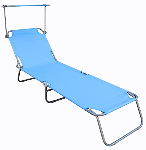 VCM Sonnenliege klappbar | Gartenliege faltbar, leicht und kompakt | Liegestuhl für Balkon, Strand und Camping mit verstellbarem Sonnendach | Blau