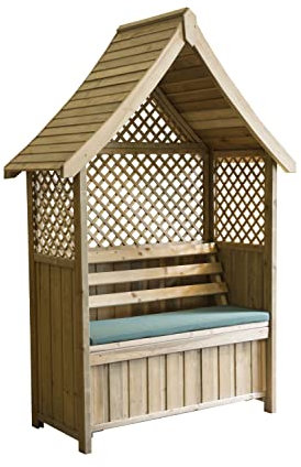Jerez Garden Arbour with Storage Seat Trellis and GREEN Pad in Pressure Treated Wood - 10 year warranty against rot