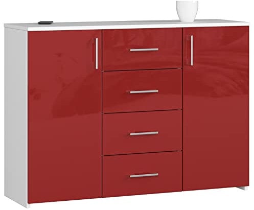 BDW Hochglanz Kommode mit 4 Schubladen und 2 Türen für Schlafzimmer, Wohnzimmer, Flur, Büro - Modernes Design - Aufbewahrungsmöbel - Geräumige Kommode - 110 x 80 x 35 cm - Weiß-Rot