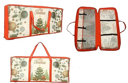 SUL Christmas Wrapping Paper Storage Bag with 3 Compartments, Christmas wrap Bauble Storage Bag, Heavy Duty Fabric Gift Wrap Decoration Storage Organiser Bags for Paper, Tags & Bows (White)