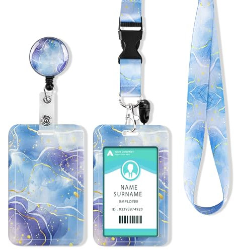ID Ausweishalter mit Lanyard, Einziehbarer Schlüsselband Ausweishalter, Ausweishülle mit Band Schlüsselanhänger für Personalausweis, Studentenausweis, Kreditkarten (Marble Blue)