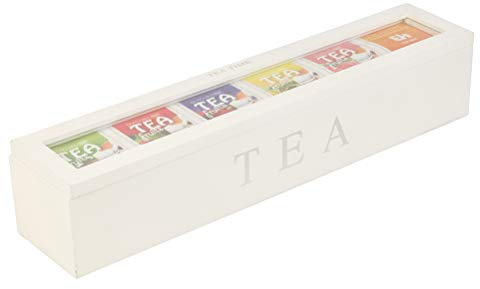 TOPINCN Wooden Tea Storage Box with 5 Slots, 6 Compartment Tea Bag Organizer, Rectangular Flip Top Box, White