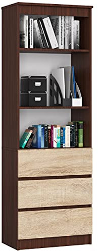 AKORD Büro-Bücherregal CLP 60 cm | 3 Schubladen 3 Einlegeböden stehend | für Schrank Wohnzimmer Schlafzimmer Bücherregale| Minimalistisch | Laminierte Platte 16 mm | Wenge + Oak Sonoma Front